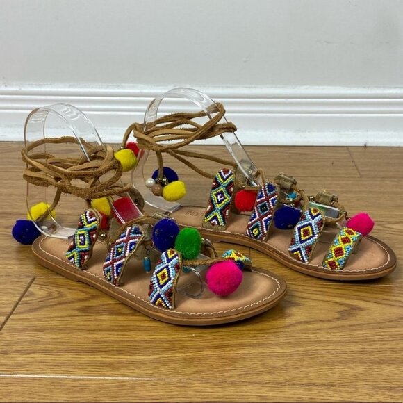 India Grace Pipa Boho Tie Up PomPom Gladiator Sandals Size 5 Sambag Charms Beach - Picture 11 of 16